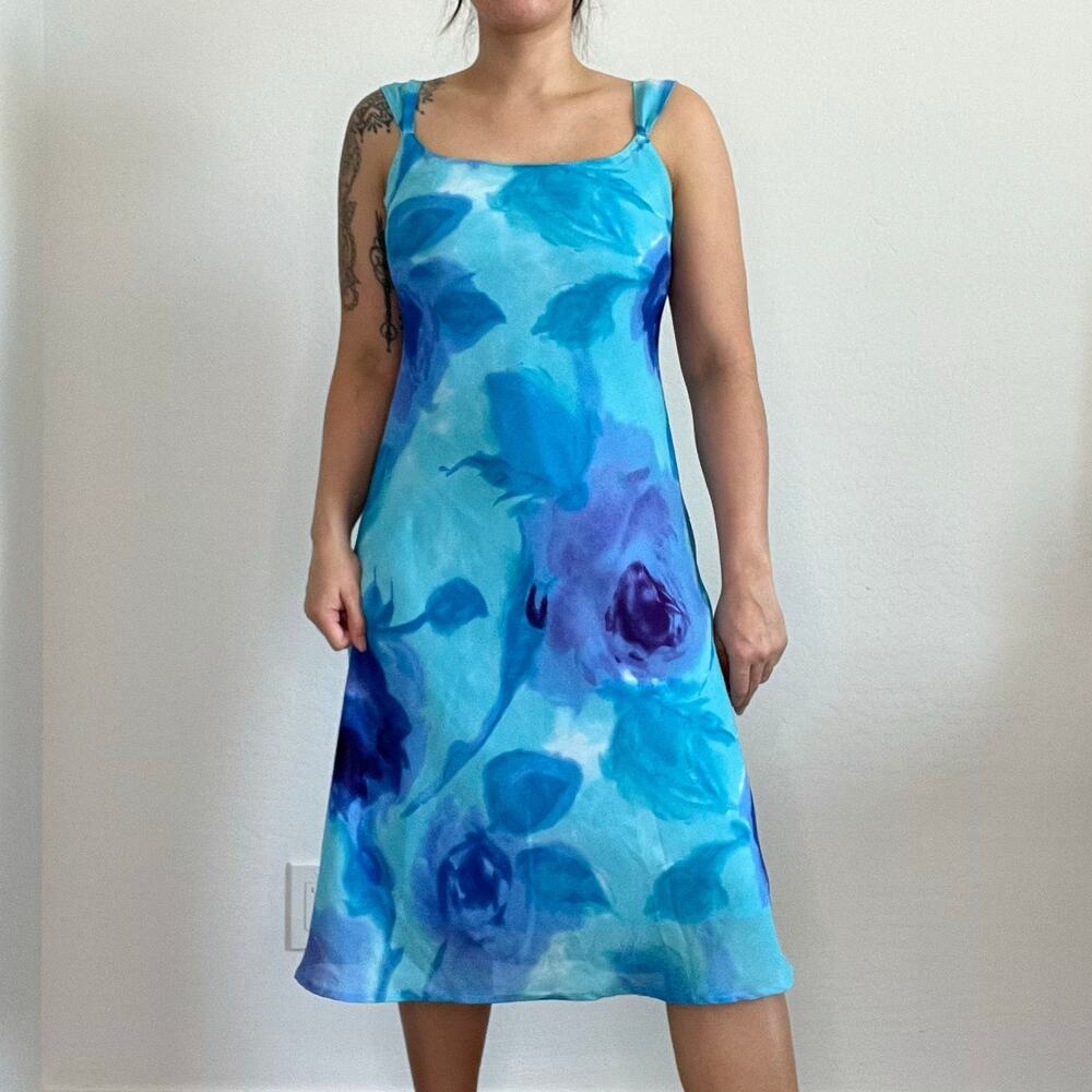 Megan Elisse Blue Watercolor Floral Slip Dress Sz 5‎ Y2K 90s Midi Made in USA - Picture 10 of 11